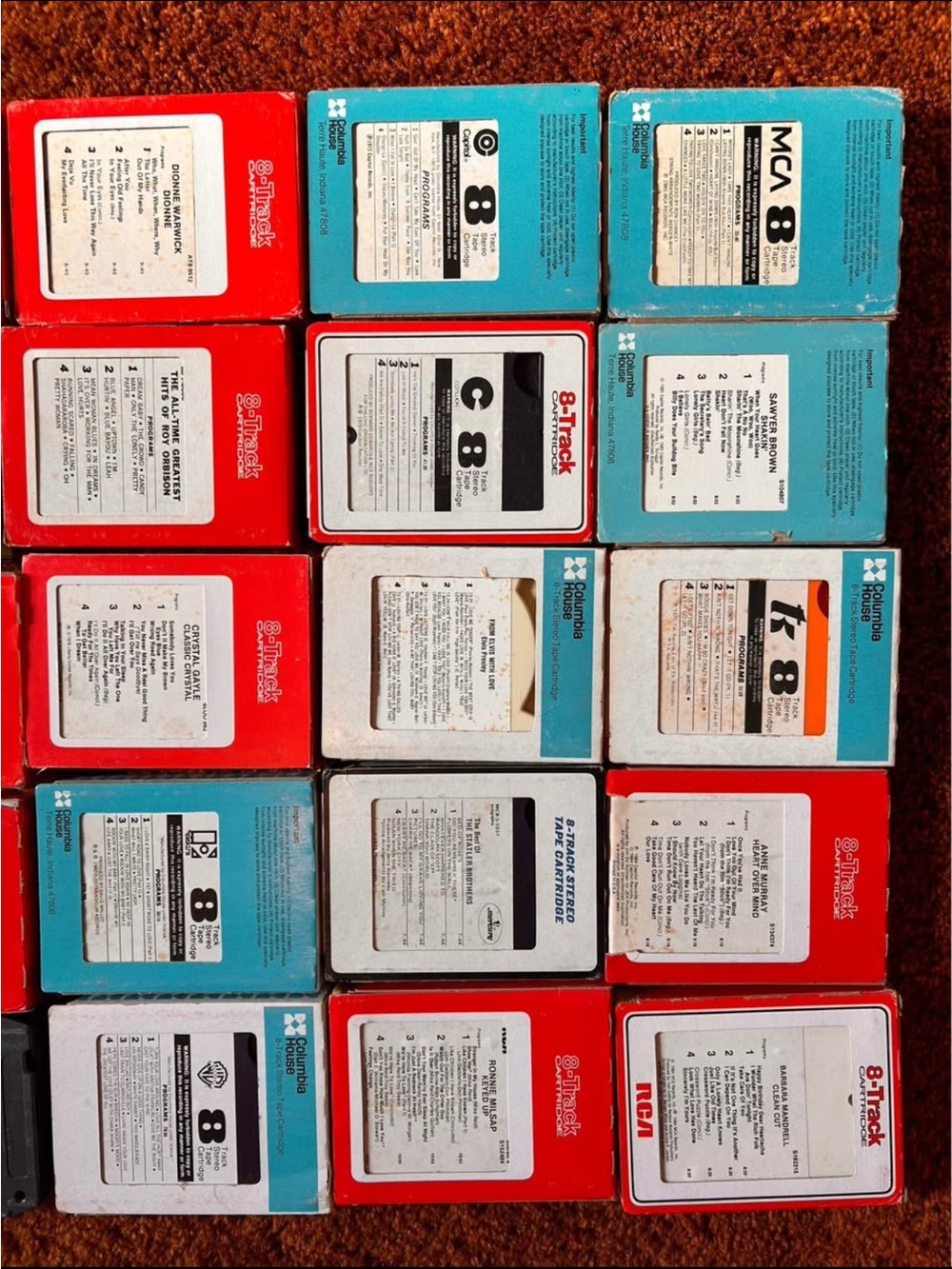 45 Vintage 8-Track Tape Lot in Red and Teal Boxes (as is)